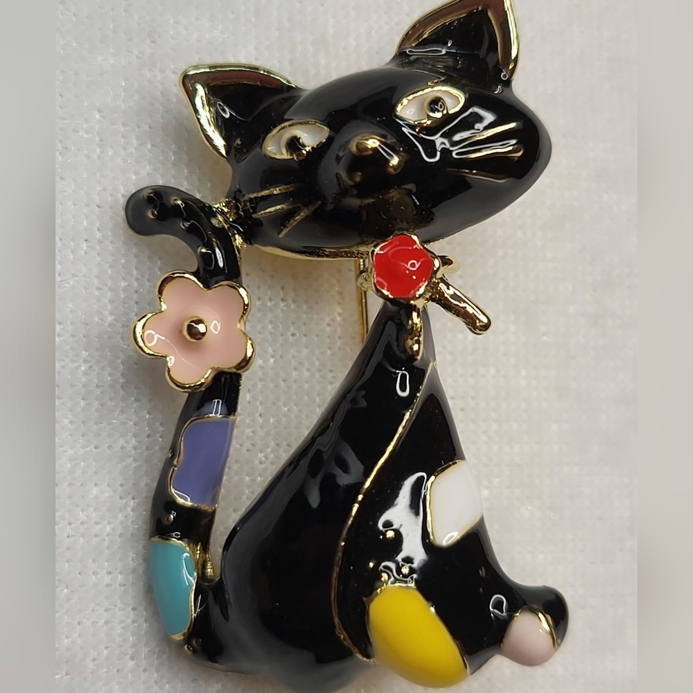 NEW Charming Black Enamel Cat Brooch with Multicolor Accents